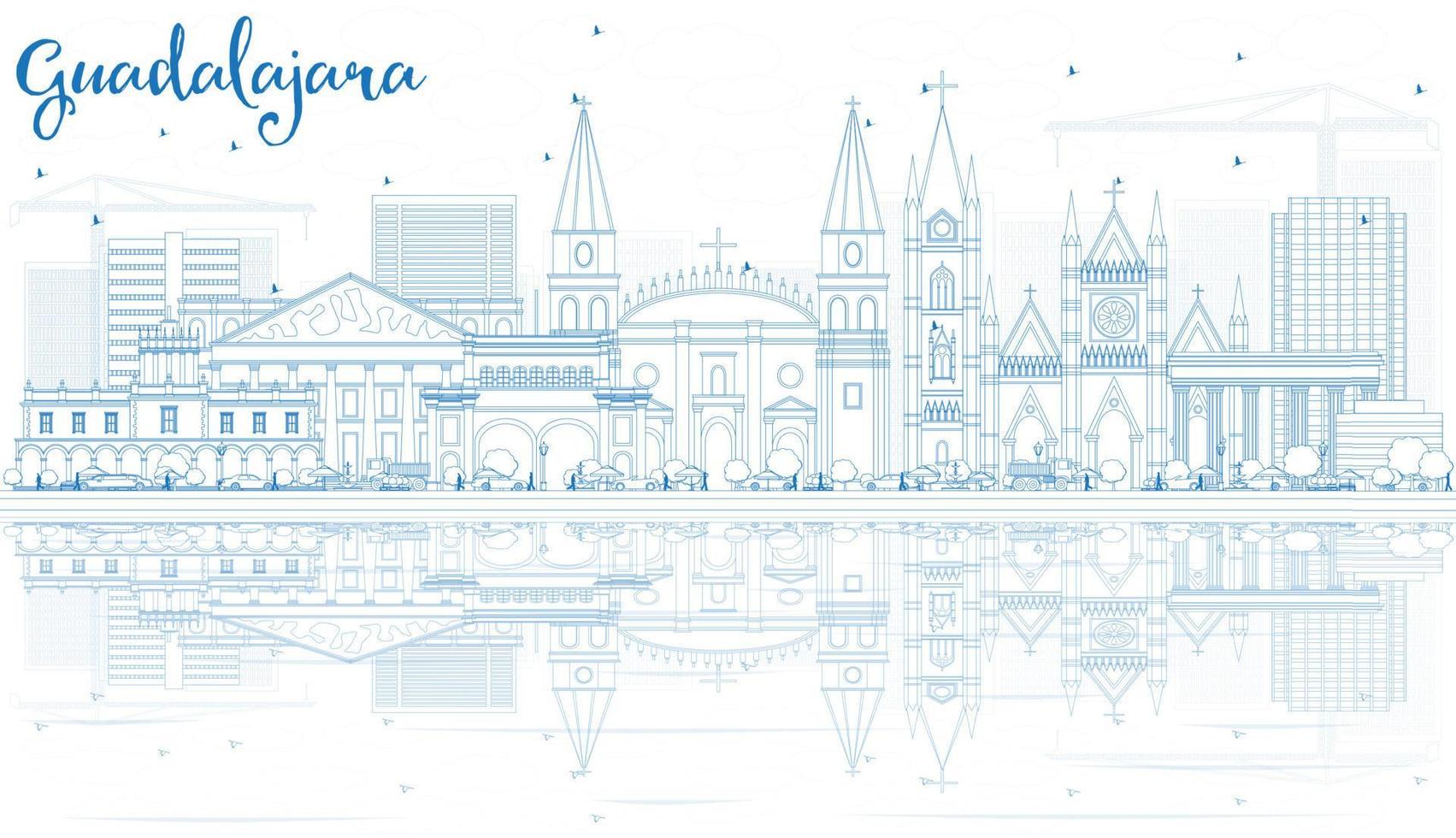 Outline Guadalajara Skyline with Blue Buildings and Reflections. vector