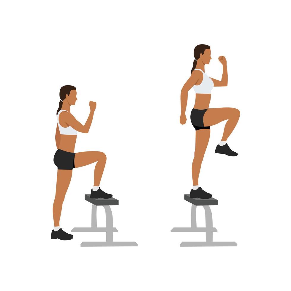 mujer haciendo ejercicio de aumento de rodilla. ilustración vectorial plana aislada sobre fondo blanco vector