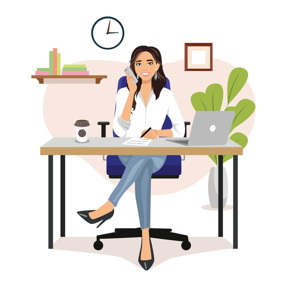 Pretty woman is sitting at desktop holding phone on one hand. Office employee at the workplace. Work at the laptop. Vector illustration in cartoon style