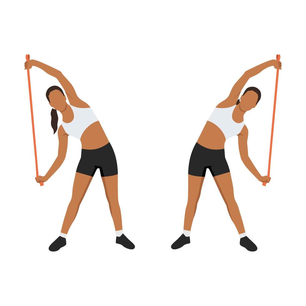 Woman doing side bends with long resistance band exercise. Flat vector ...