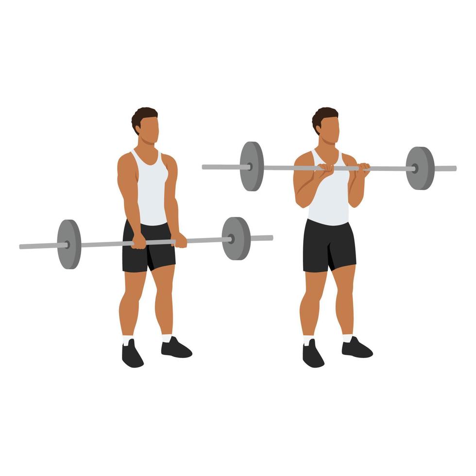 hombre haciendo curl con barra invertida. ilustración vectorial plana aislada en diferentes capas. personaje de entrenamiento vector