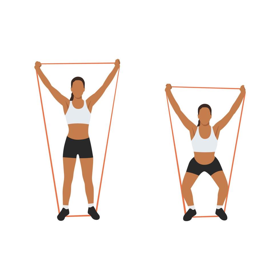 Woman doing Overhead squat with long resistance band exercise. Flat vector illustration isolated on white background