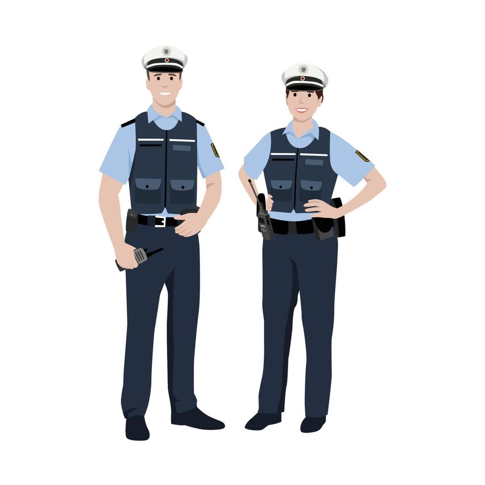 diseño de personajes de policía de hombre y mujer. tipo europeo. ilustración vectorial plana aislada sobre fondo blanco vector