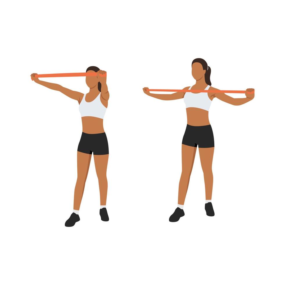 Woman doing Upper back reverse fly with long resistance band exercise. Flat vector illustration isolated on white background