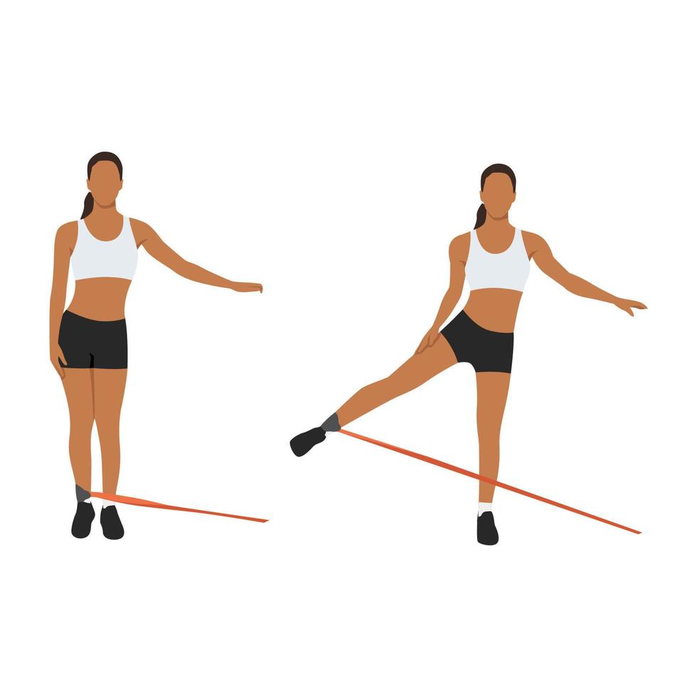 Woman doing Butt. cable standing abduction with long resistance band exercise. Flat vector illustration isolated on white background