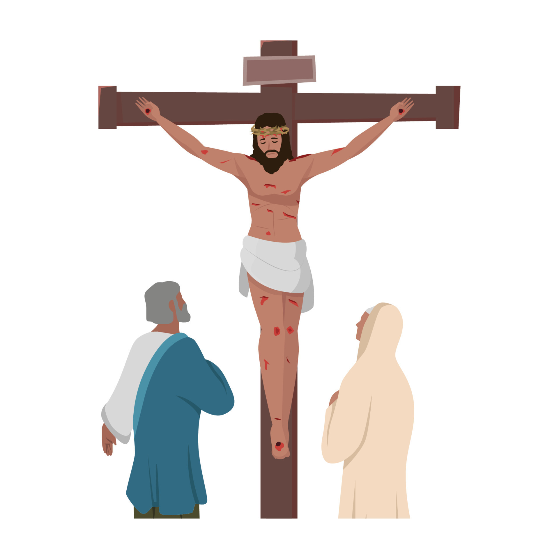 Crucifixion of Christ, Bible concept. Illustrattion of Jesus Christ,  crucified on Golgotha and Maria with Simon praying and crying near him.  Passion of Mesiah on of God in cartoon style. Vector flat