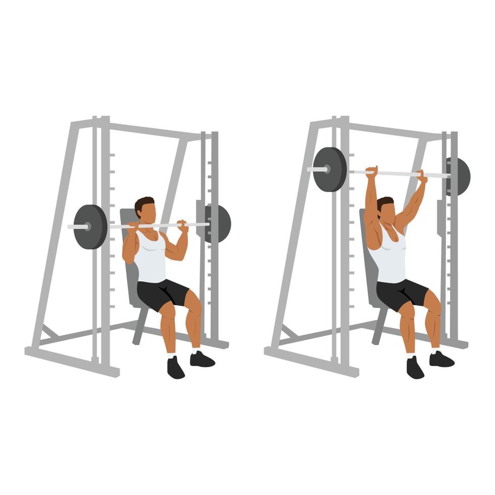 Man doing smith machine shoulder press exercise. Flat vector illustration isolated on white background