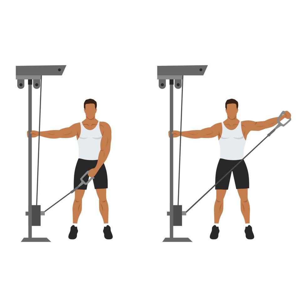 Man doing cable one arm lateral raise exercise. Flat vector illustration isolated on white background