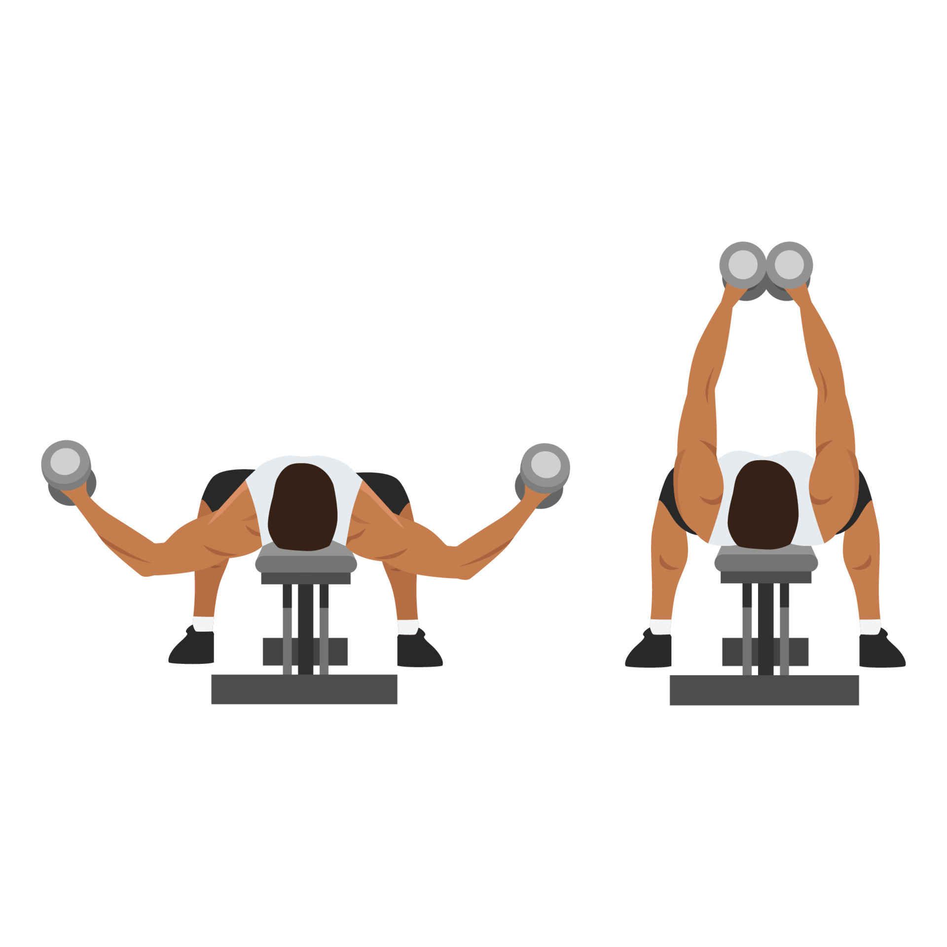 Man doing Flat bench dumbbell fly exercise. top view. Flat vector
