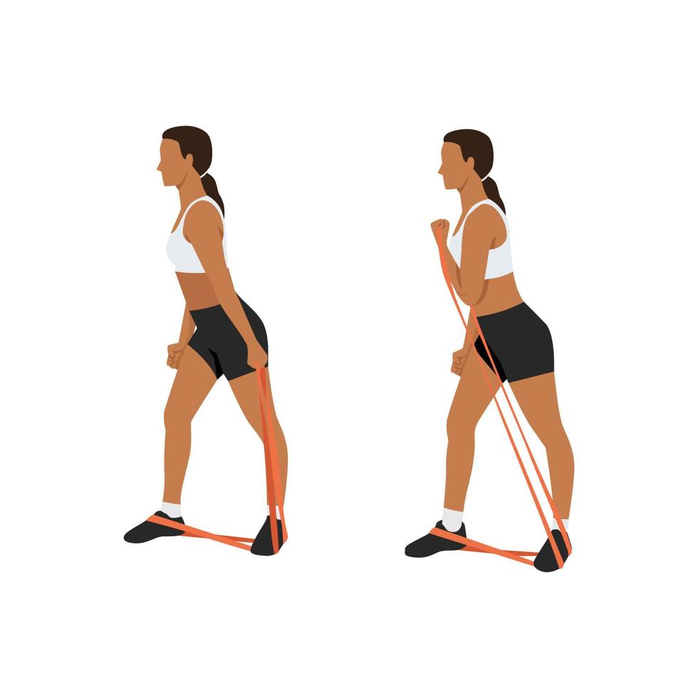 Woman doing Bicep side pull with long resistance band exercise. Flat vector illustration isolated on white background