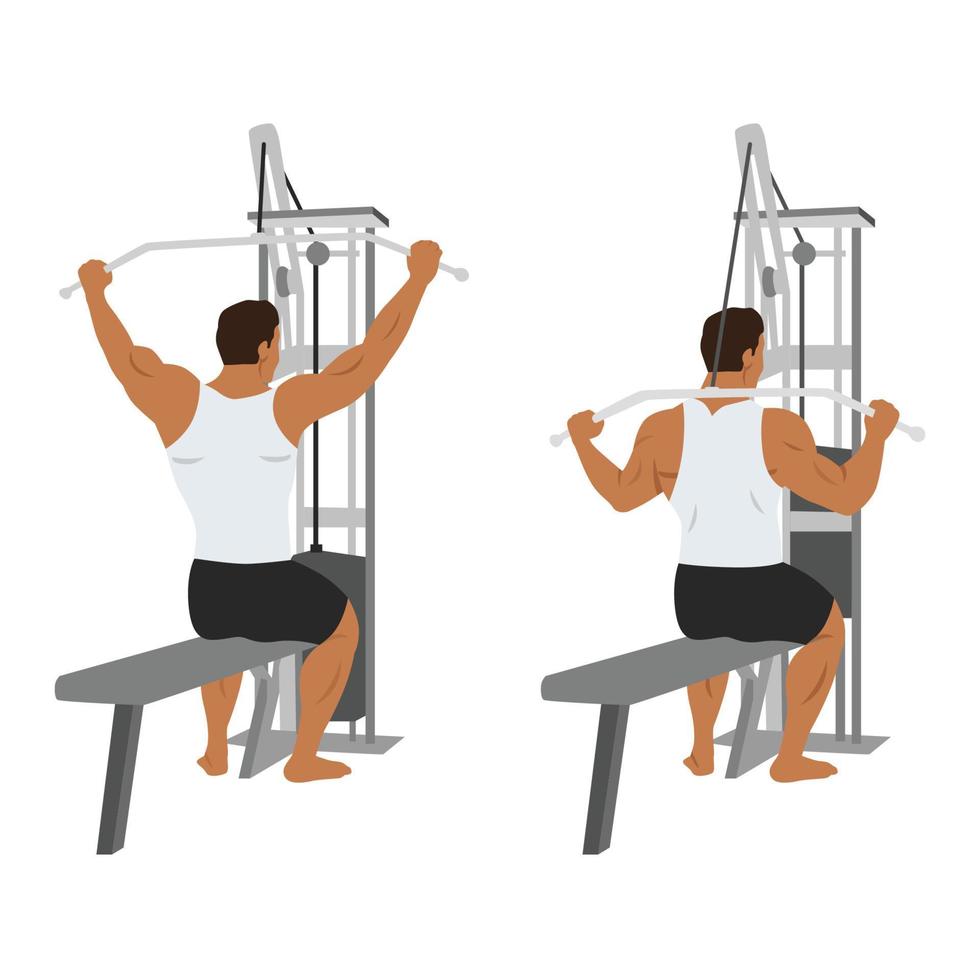 Man doing Behind the neck lat pulldown flat vector illustration isolated on white background