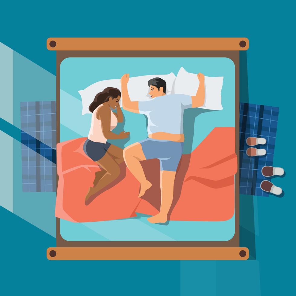 vista superior de una pareja durmiendo en la cama bajo la manta. ilustración vectorial diversidad en raza pareja vector