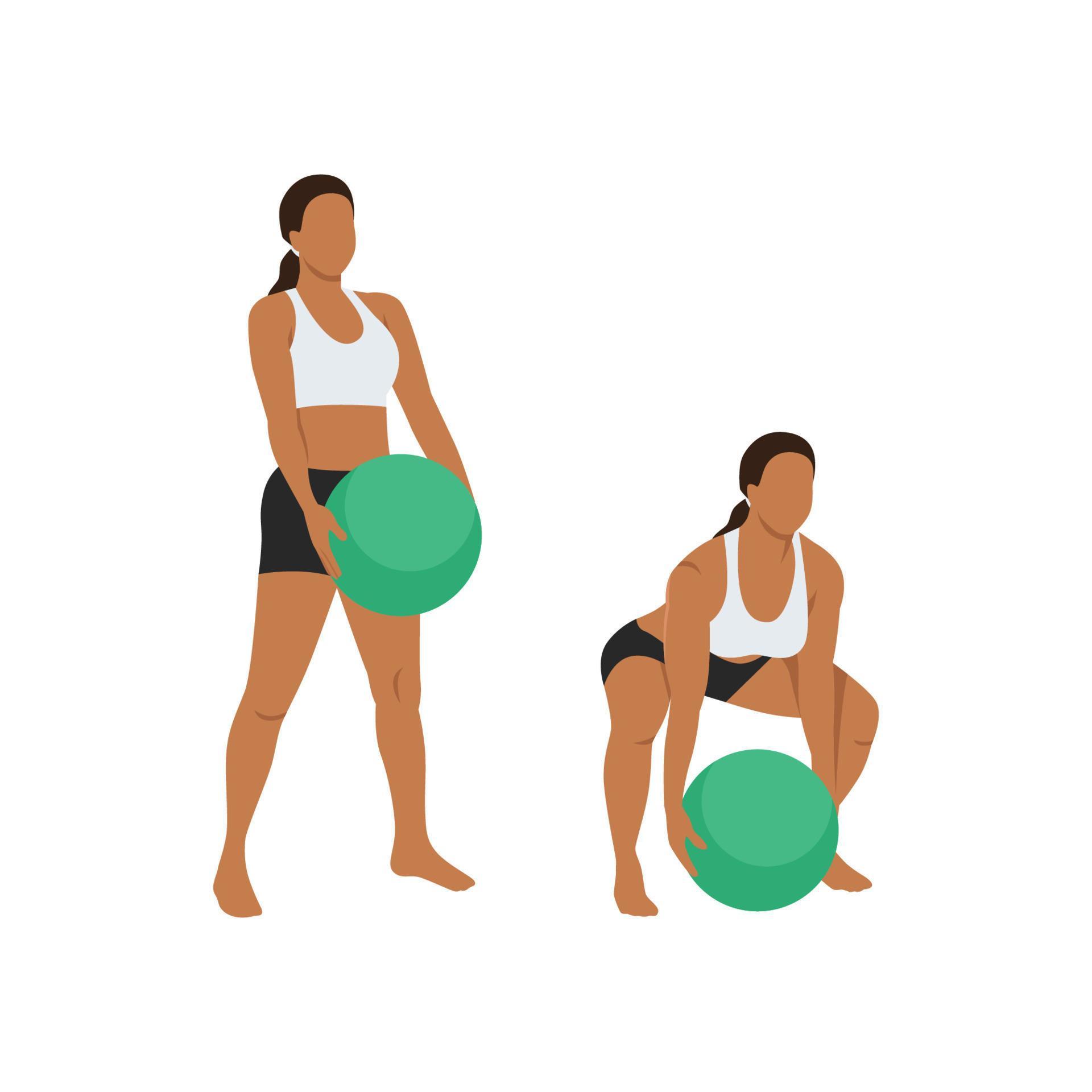 Woman doing Medicine ball deadlift exercise. Flat vector illustration