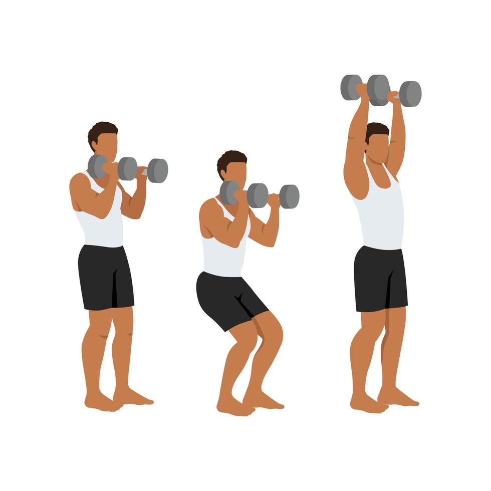 Man doing Dumbbell push and press exercise. Flat vector illustration isolated on white background