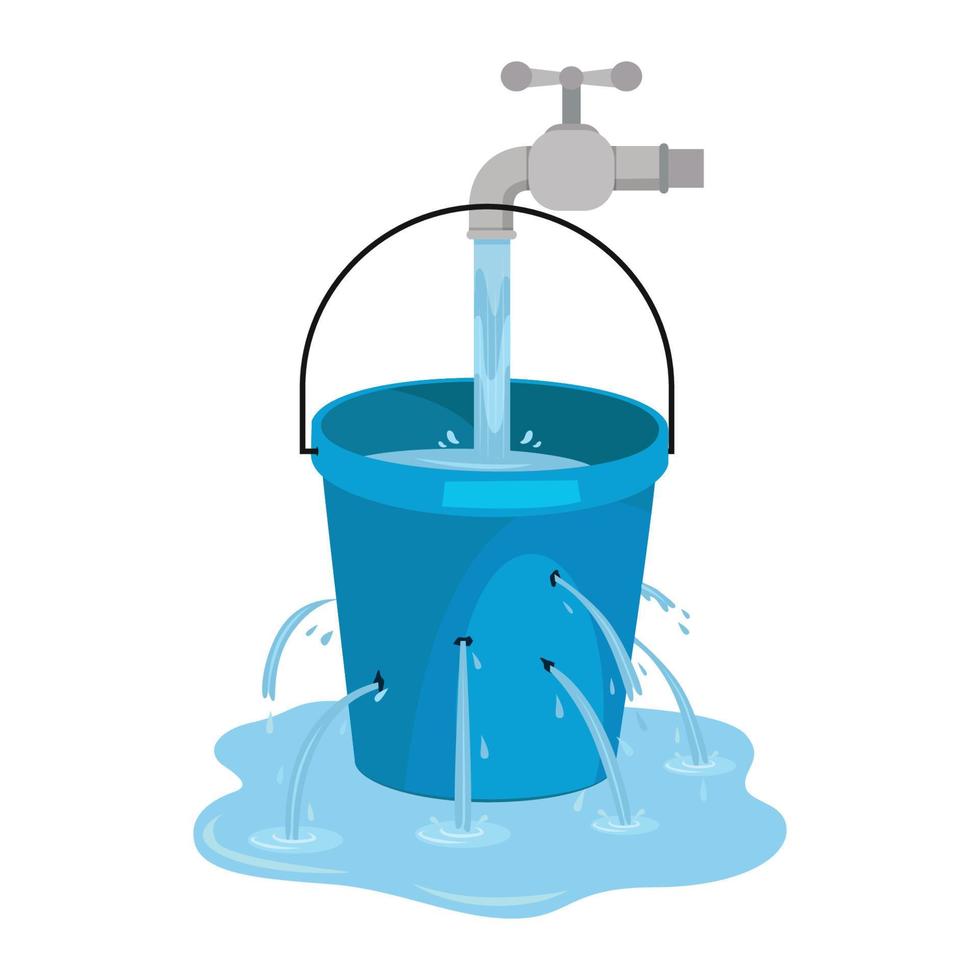 Water waste from running tap. Wastage of water theme for save water. Spread water on floor from hole bucket. vector