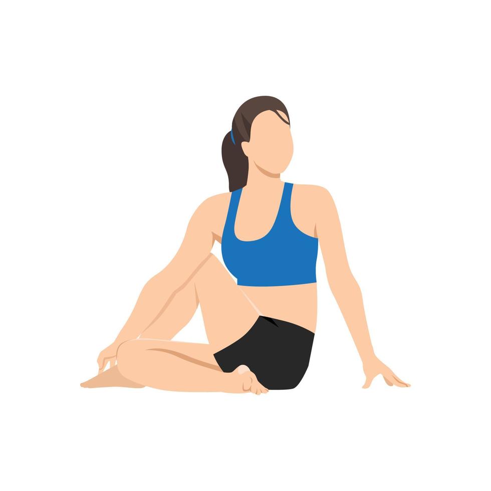 Woman doing Sage Twist Pose Variation Forward Bend, Beautiful girl practice Marichyasana Variation Uttanasana. Flat vector illustration isolated on white background