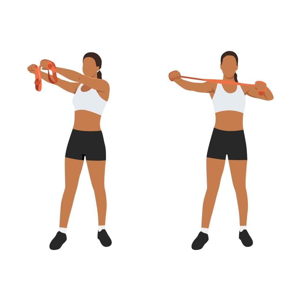 Woman doing Upper back exercise archer with long resistance band exercise. Flat vector illustration isolated on white background