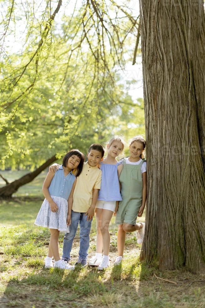 Group of asian and caucasian kids having fun in the park photo