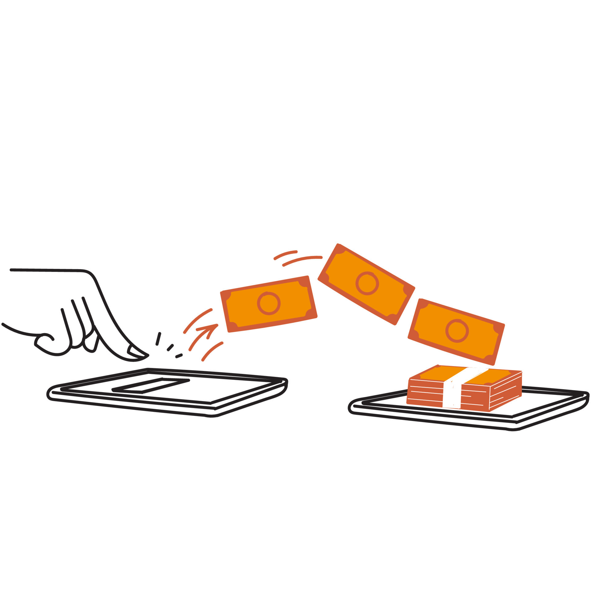 hand drawn doodle sending and receiving money with mobile phone