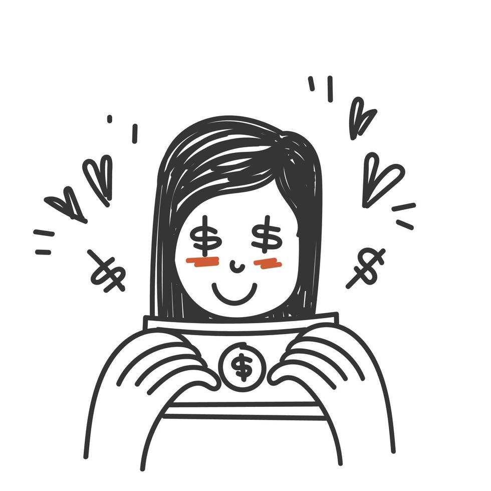 mujer de garabato dibujada a mano sonrojada con ilustración de ojos en forma de dinero vector