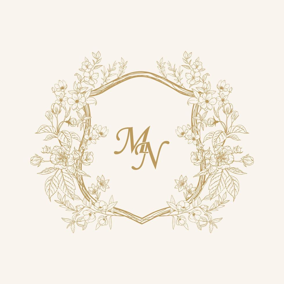 MN Initial Wedding Monogram Logo Crest, Wedding Logo Design, Custom Wreath Wedding Monogram, Crest Initial Wedding Logo. vector