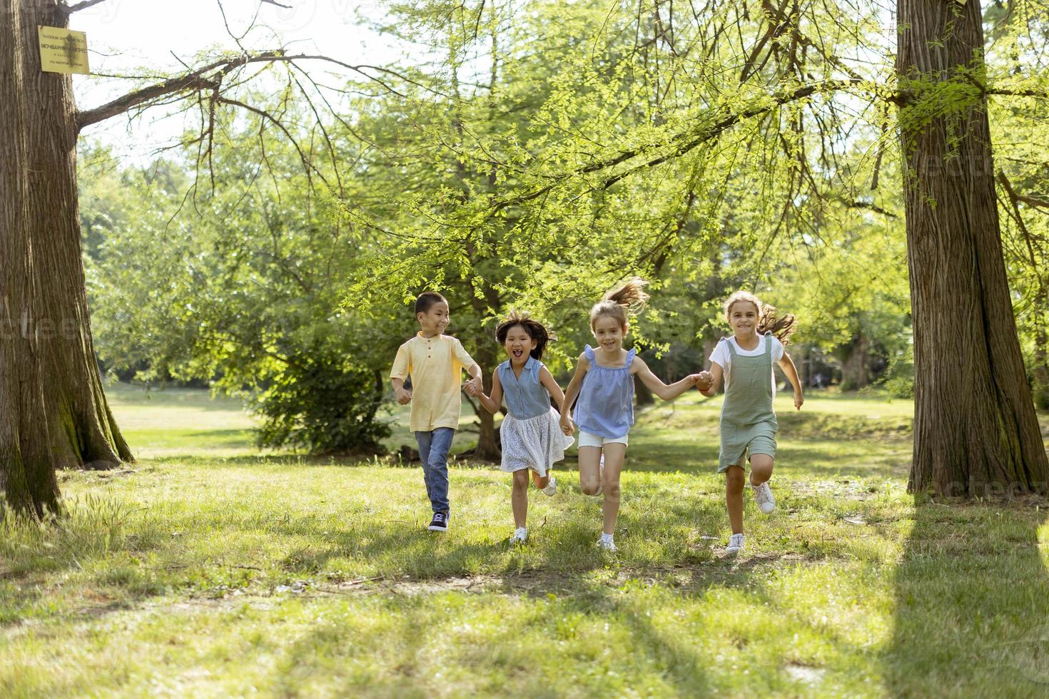 grupo de niños asiáticos y caucásicos divirtiéndose en el parque foto