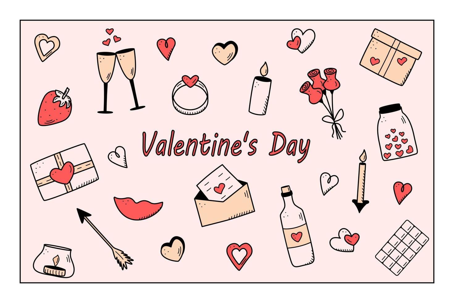 A set of doodle icons for Valentine s Day or wedding. Vector illustration of romantic accessories candles hearts ring bottle and glasses of wine, strawberry chocolate gift lips