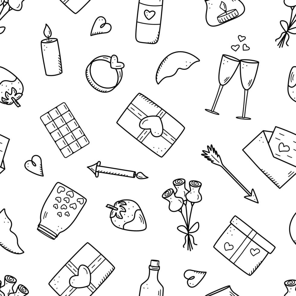 concepto de iconos de patrones sin fisuras del día de san valentín. vector doodle accesorios románticos velas corazones anillo botella y copas de vino, labios de regalo de chocolate fresa