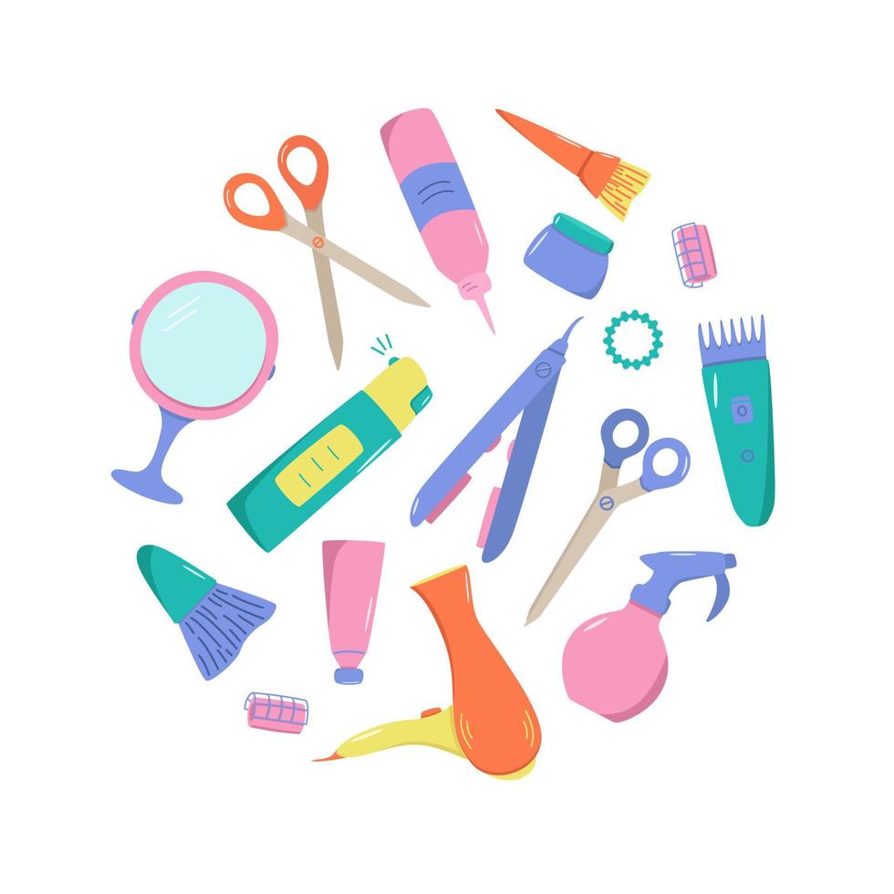 Hairdressing tool kit for beauty salon or home use. Vector illustration of doodle icons for self and hair care. Comb, razor, hair dryer, curling iron and other items