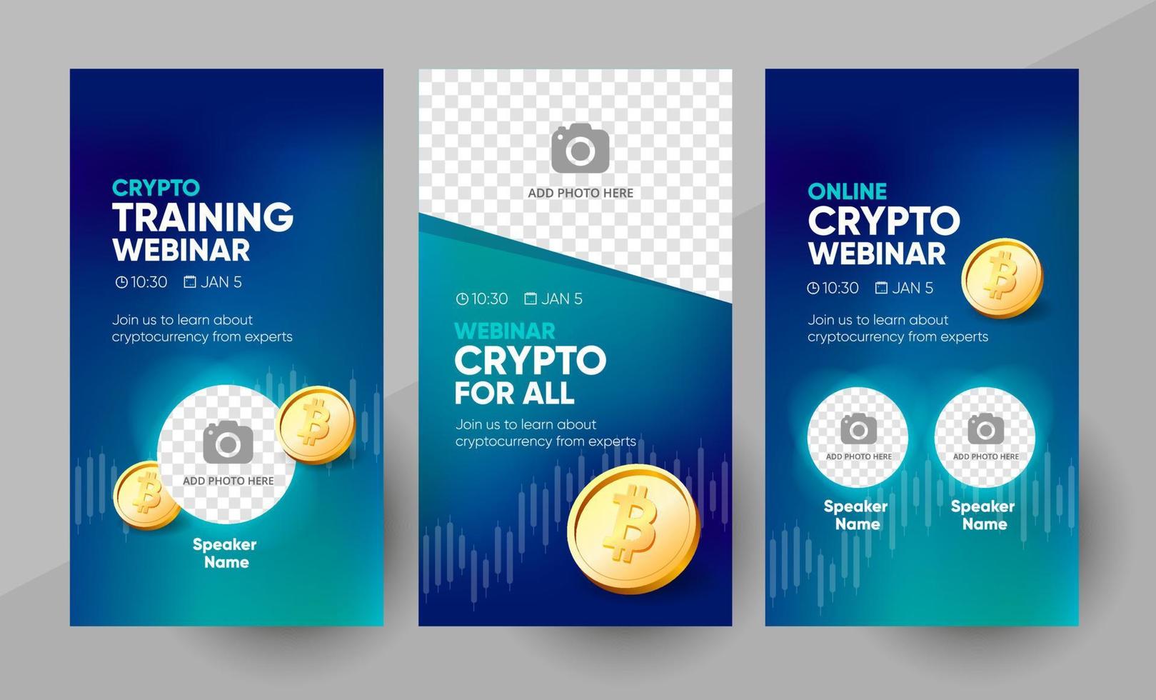 plantilla de historia de medios sociales de seminario web en línea crypto. ilustración de fondo y bitcoin para el diseño de banner de seminario web de criptomonedas con un lugar para una imagen en vector. vector