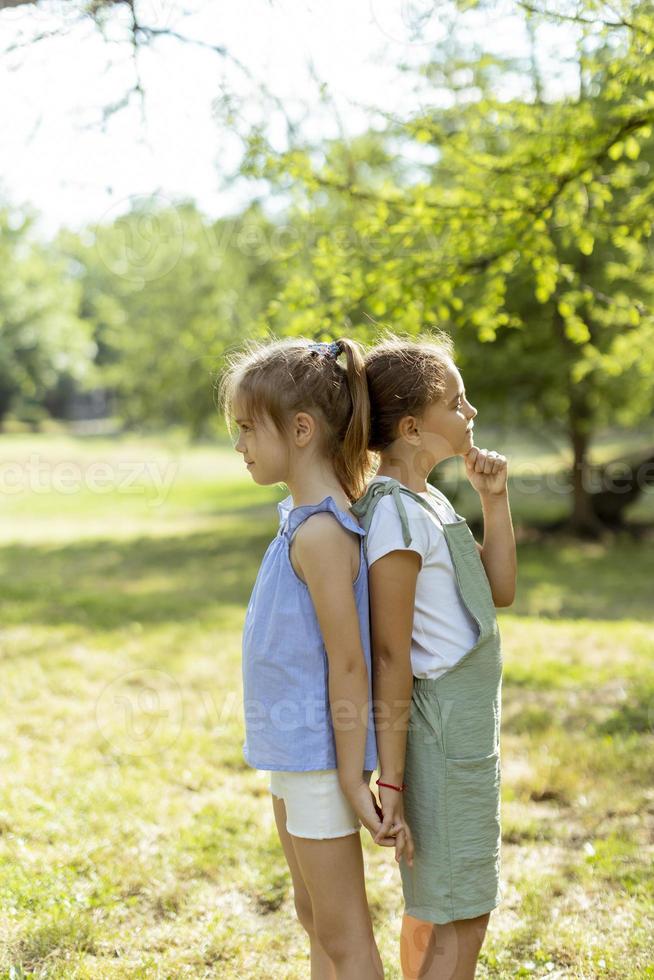 Two little girls standing back to back in the park photo