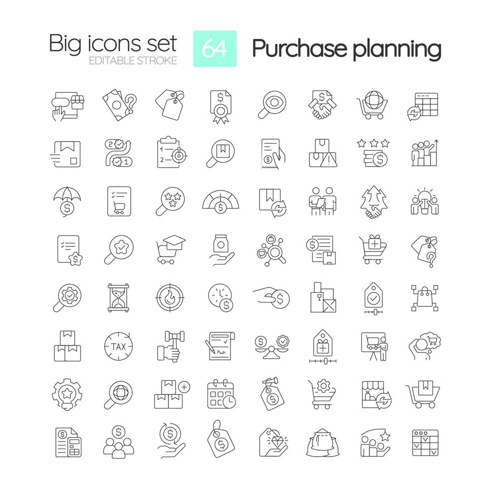 conjunto de iconos lineales del proceso de planificación de adquisiciones vector