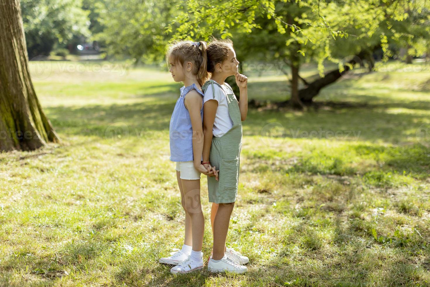 Two little girls standing back to back in the park photo