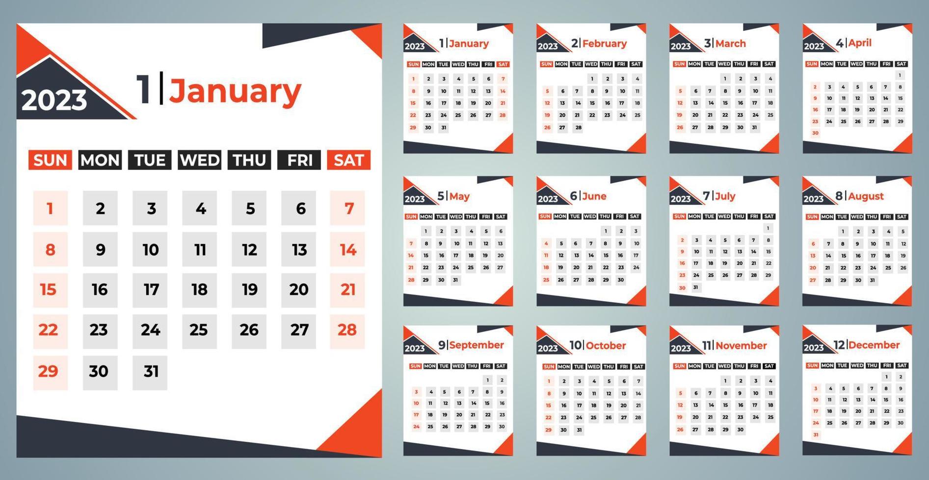 calendario anual 2023 establecido, la semana comienza el domingo, en tono naranja negro vector
