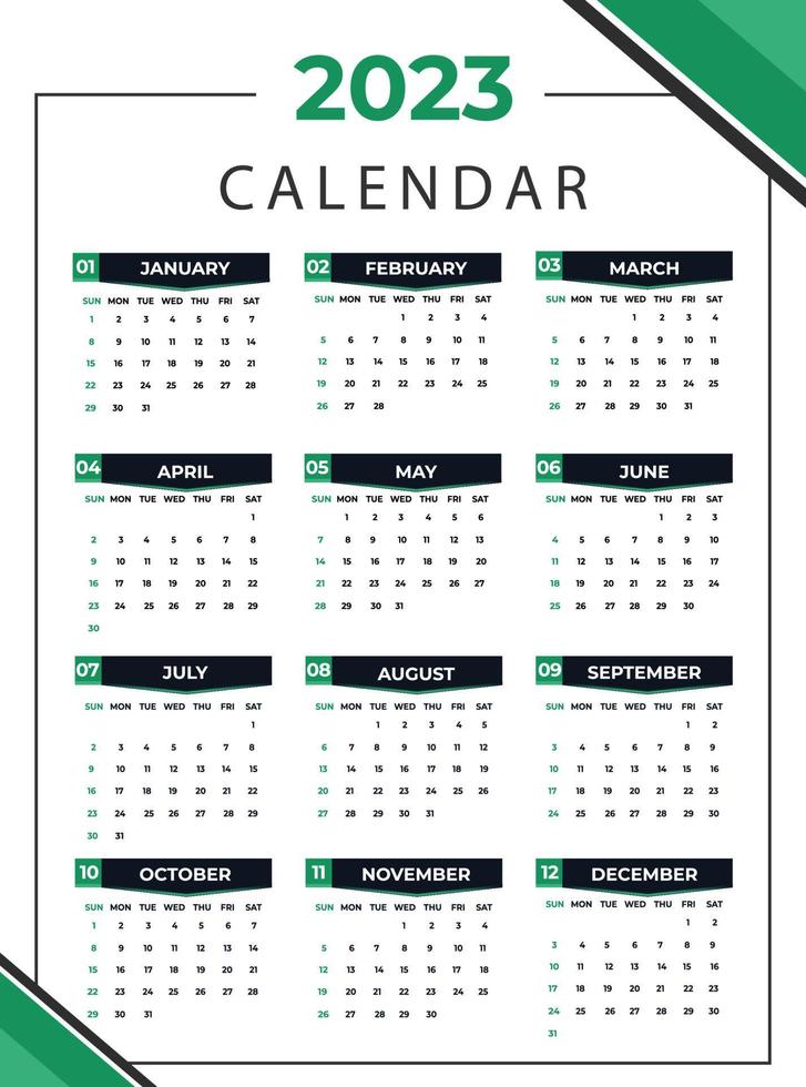 2023 calendar in vertical look in green black shade week starts from sunday vector