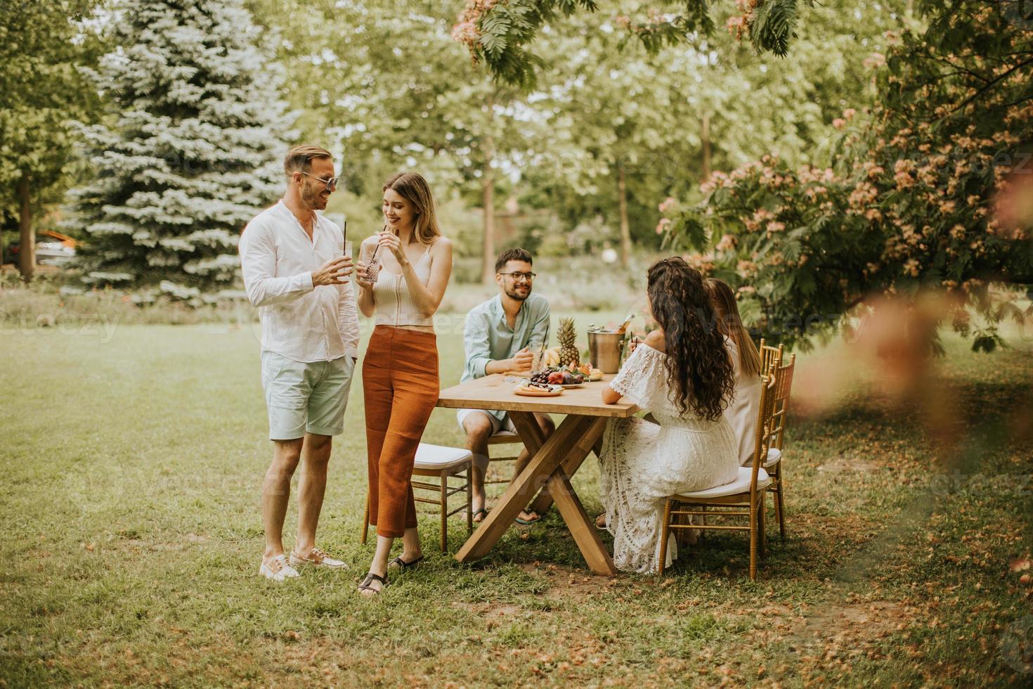 Group of happy young people cheering with fresh lemonade and eating fruits in the garden photo