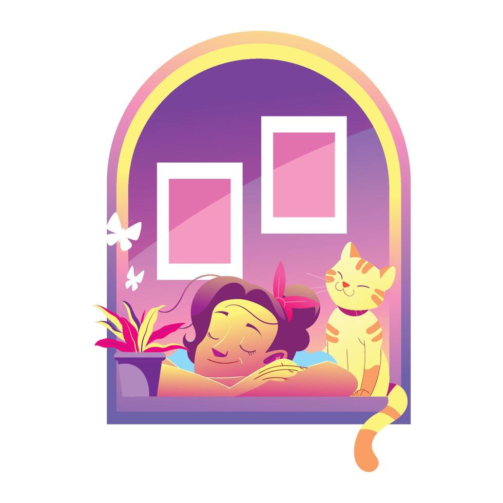 Cute Girl Enjoying Fresh Air in The Window with Her Cat vector