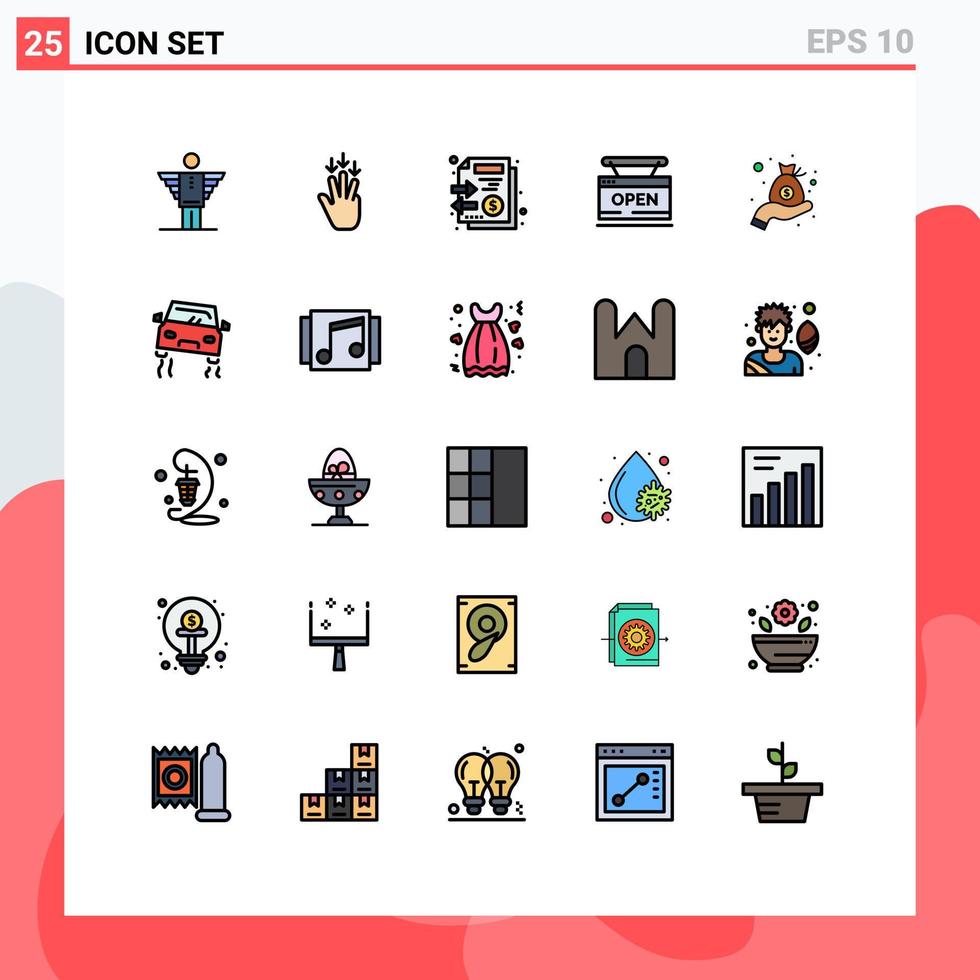 Set of 25 Vector Filled line Flat Colors on Grid for online store gestures shop money Editable Vector Design Elements