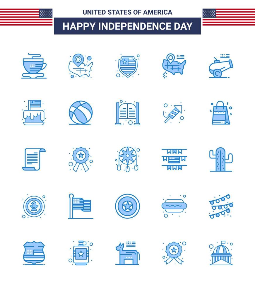 4th July USA Happy Independence Day Icon Symbols Group of 25 Modern Blues of mortar cannon american big gun map Editable USA Day Vector Design Elements