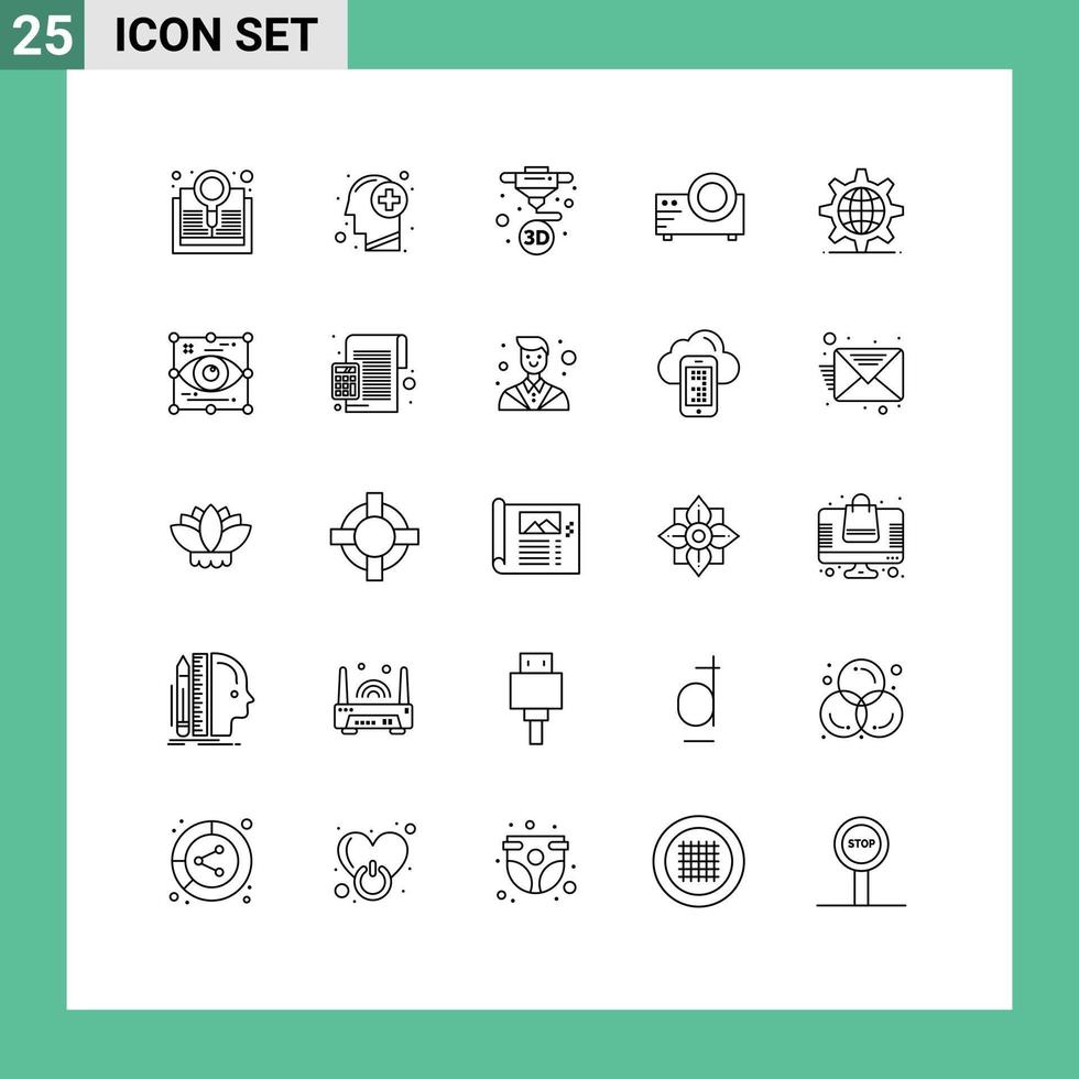 Set of 25 Modern UI Icons Symbols Signs for gear movie thinking film printing Editable Vector Design Elements