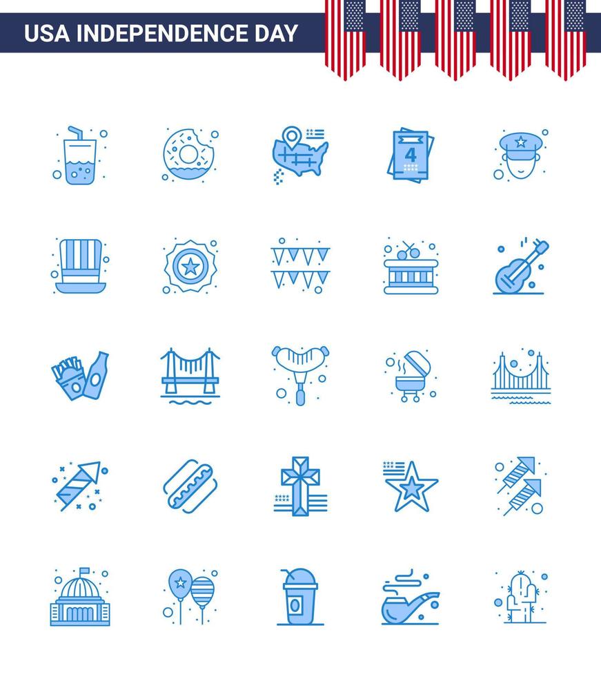Happy Independence Day 4th July Set of 25 Blues American Pictograph of day officer location man love Editable USA Day Vector Design Elements