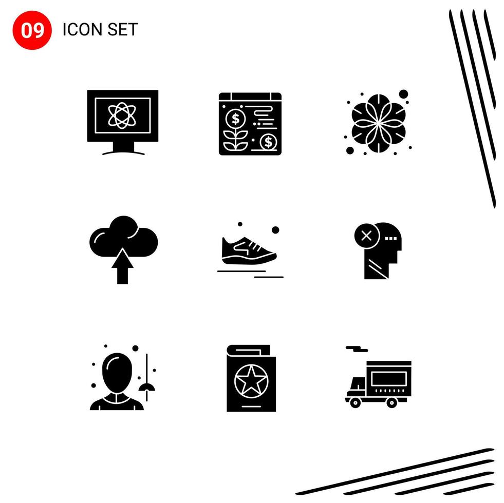 Mobile Interface Solid Glyph Set of 9 Pictograms of exercise shoes flower upload arrow Editable Vector Design Elements