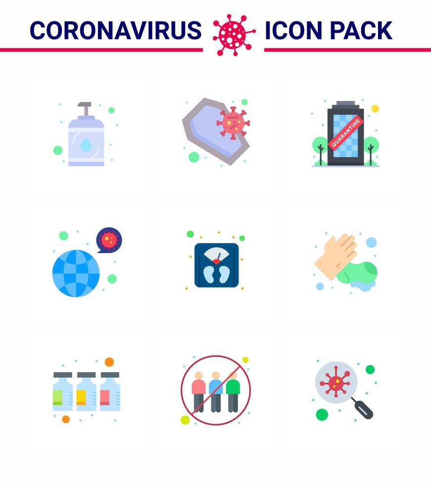 Conjunto de 9 colores planos de íconos epidémicos del virus de la corona, como el virus del coronavirus, las bacterias del cráneo que permanecen en los elementos de diseño del vector de la enfermedad del coronavirus viral 2019nov