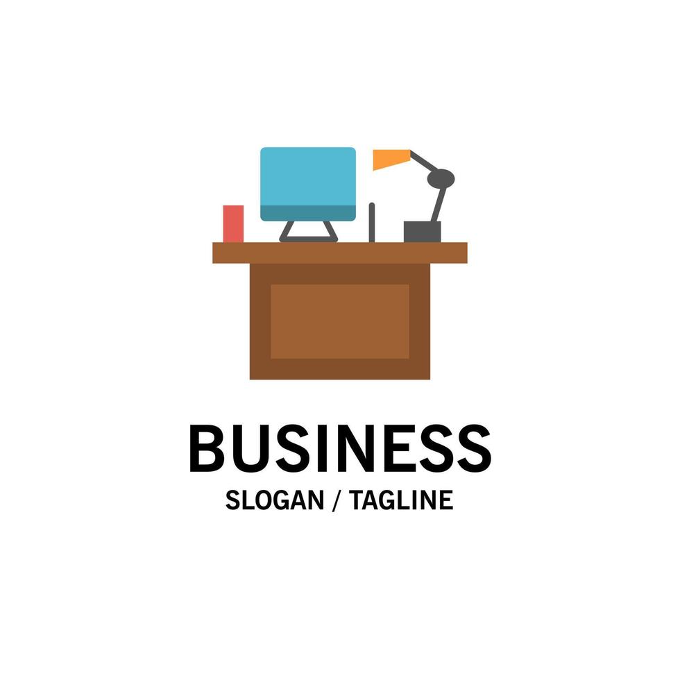 Computer Desk Desktop Monitor Office Place Table Business Logo Template Flat Color vector
