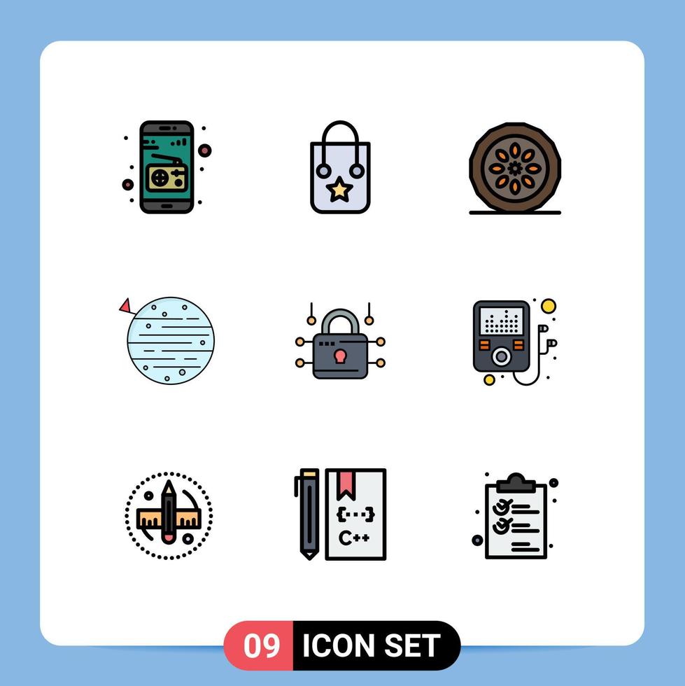 Mobile Interface Filledline Flat Color Set of 9 Pictograms of louck squarico dinner space moon Editable Vector Design Elements