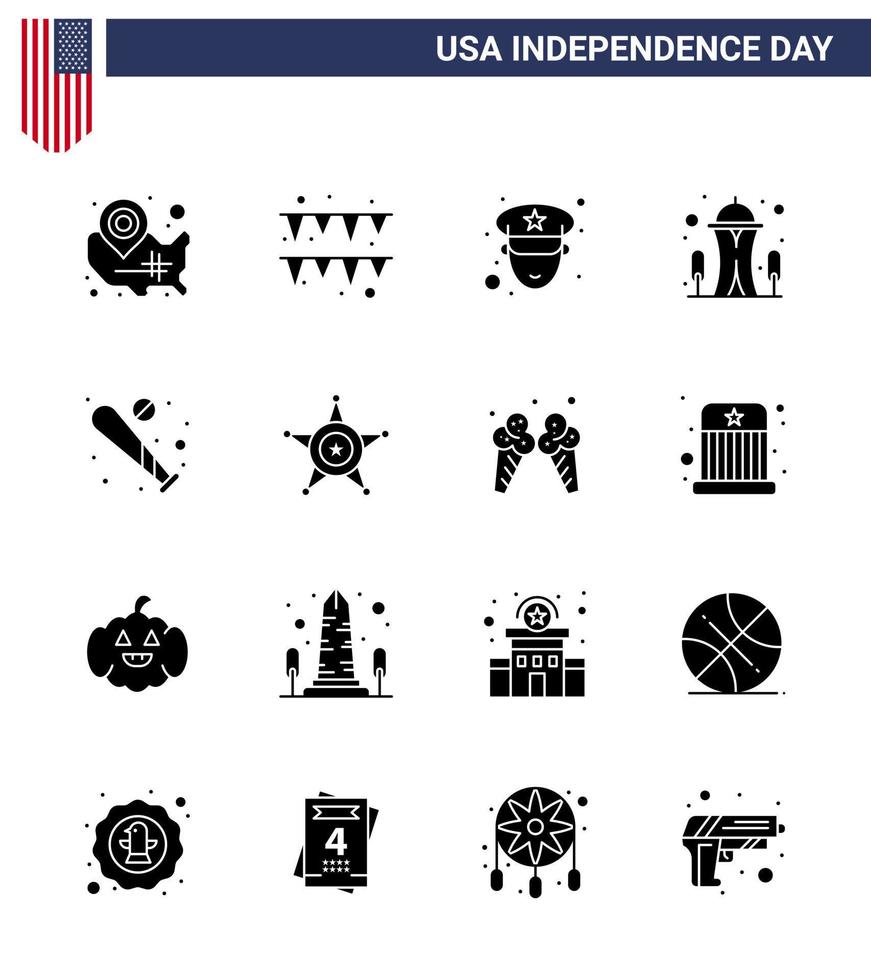 Big Pack of 16 USA Happy Independence Day USA Vector Solid Glyphs and Editable Symbols of bat ball man space landmark Editable USA Day Vector Design Elements