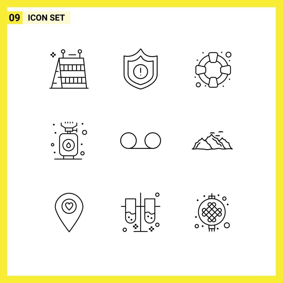 Editable Vector Line Pack of 9 Simple Outlines of mountain message safety mail gas Editable Vector Design Elements