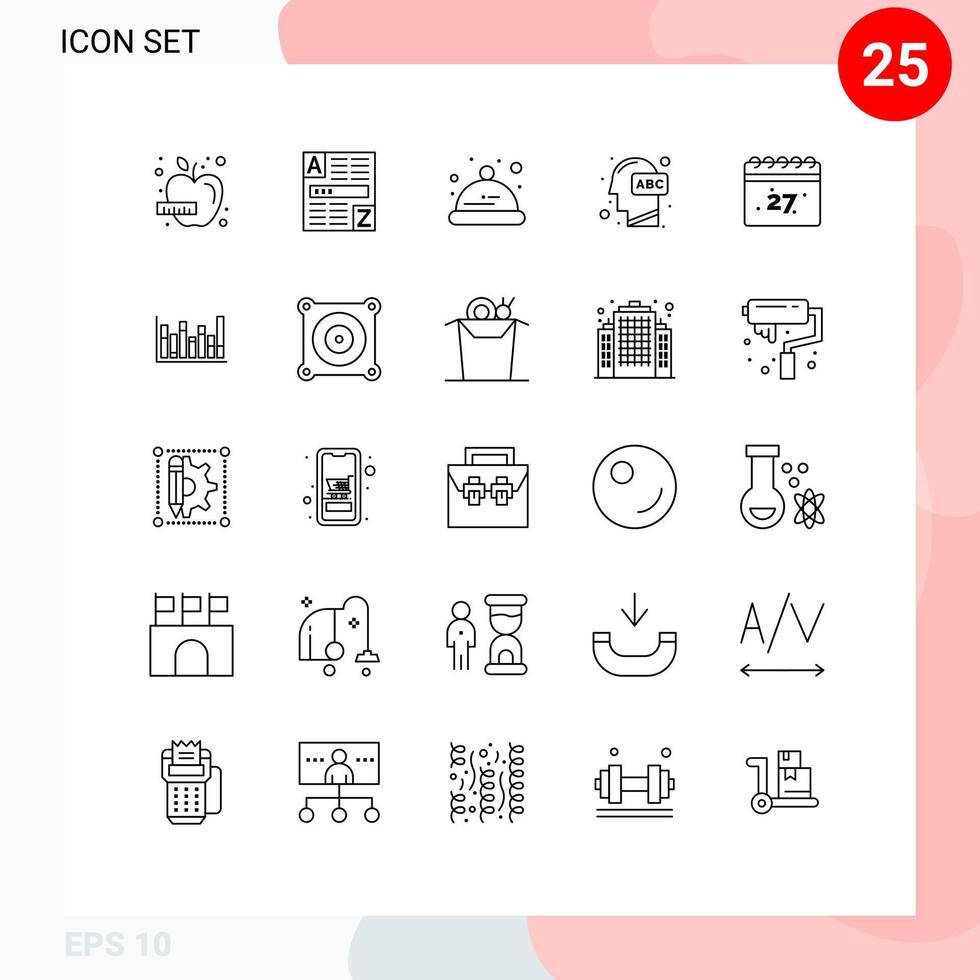 Mobile Interface Line Set of 25 Pictograms of calendar learning baby knowledge head Editable Vector Design Elements