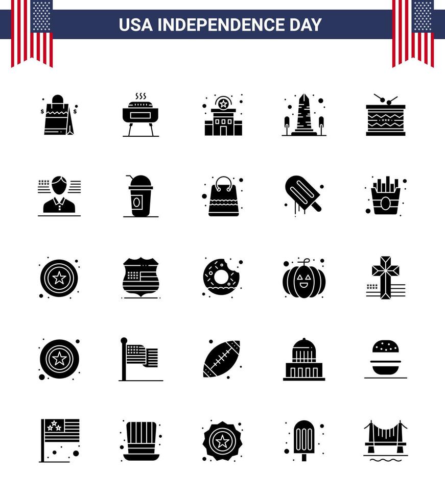 Happy Independence Day USA Pack of 25 Creative Solid Glyph of drum usa building sight landmark Editable USA Day Vector Design Elements