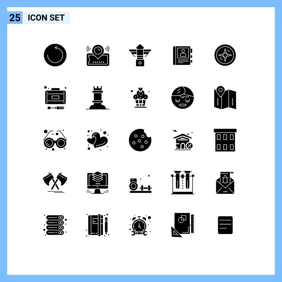 conjunto moderno de 25 pictogramas de glifos sólidos de información de brújula diario de la calle elementos de diseño vectorial editables del teléfono vector